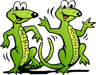 Vector Cartoon illustration of a Two Happy Dancing Lizard
