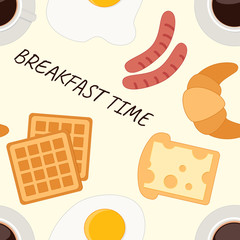Food background. Breakfast time: fried eggs, sausages, coffee, bread with cheese, croissant, waffles