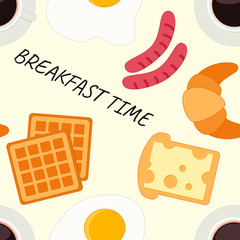 Food background. Breakfast time: fried eggs, sausages, coffee, bread with cheese, croissant, waffles