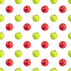 Seamless pattern fresh red and green apples on white background isolated, bright shiny apple repeating ornament, tasty juicy ripe fruits backdrop, natural healthy diet food concept, summer wallpaper