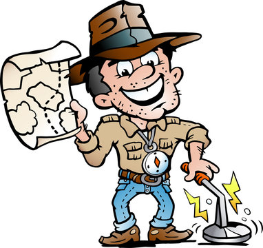 Vector Cartoon illustration of a Happy Archaeologist With a Metal Detector
