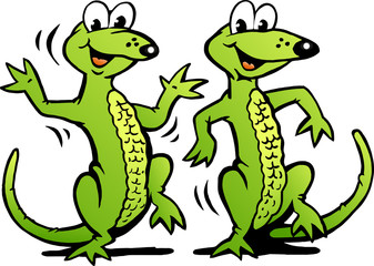 Vector Cartoon illustration of a Two Happy Dancing Lizard