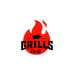 Vintage hipster Grill Barbeque invitation party barbecue bbq with pig pork on fire flame Logo design