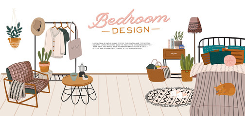 Stylish Scandinavian bedroom interior - bed, sofa, wardrobe, mirror, night stand, plant, lamp, home decorations. Cozy modern comfy apartment furnished in Hygge style. Vector illustration. Isolated