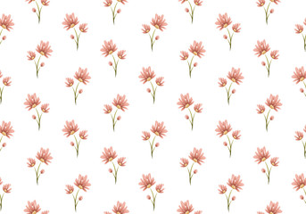 Pastel pink gouache flowers and green leaves, romantic seamless floral pattern