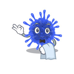 A design of bacteria coronavirus cartoon character working as waiter