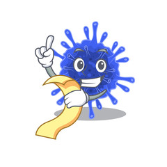 cartoon character of bacteria coronavirus holding menu ready to serve