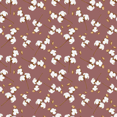 Watercolor cotton branch with white flowers seamless pattern. Hand drawn botanical illustration of dry fluffy cotton plants isolated on dark brown background.