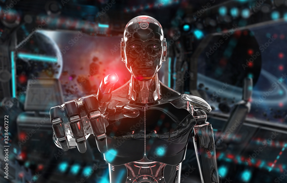 Poster black and red intelligent robot cyborg pointing finger on dark 3d rendering