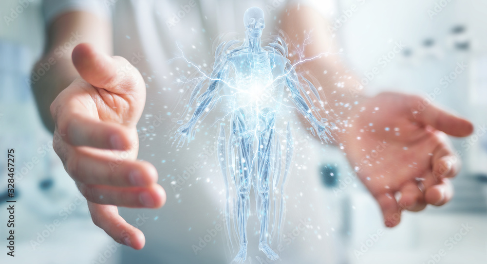 Poster man using digital x-ray human body holographic scan projection 3d rendering