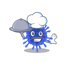 Bacteria coronavirus as a chef cartoon character with food on tray