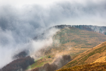 rain, fog and clouds in the mountains. Autumn landscape.