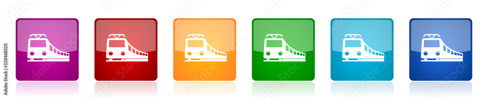 Poster train icon set, railway, transportation colorful square glossy vector illustrations in 6 options for
