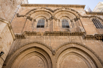 Immovable staircase on the main facade of the Church of the Holy Sepulcher in Jerusalem
