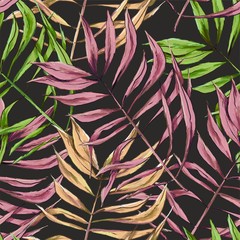 Tropical palm leaves leaf green jungle floral seamless pattern. Exotic illustration wallpaper. Pattern for fabric on a black background