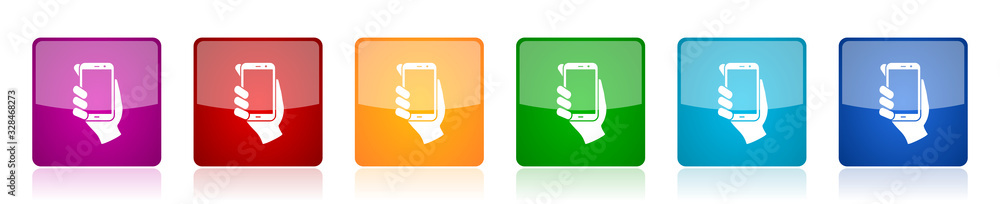 Aufkleber Smartphone in hand icon set, mobile phone colorful square glossy vector illustrations in 6 options for web design and mobile applications