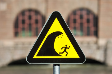 Warning sign for flooding in Trollhattan, Sweden, Europe