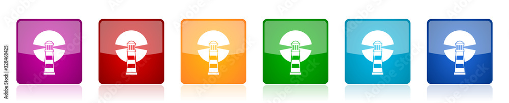 Poster Lighthouse icon set, navigation, sea colorful square glossy vector illustrations in 6 options for web design and mobile applications