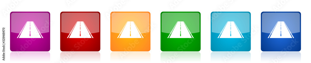 Poster Road icon set, colorful square glossy vector illustrations in 6 options for web design and mobile applications