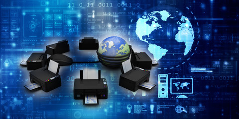 3d illustration Generic inkjet printer CMYK cartridges connected mouse