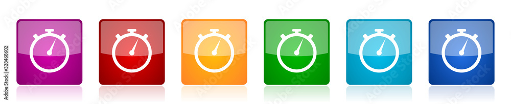Aufkleber stopwatch icon set, colorful square glossy vector illustrations in 6 options for web design and mobile applications