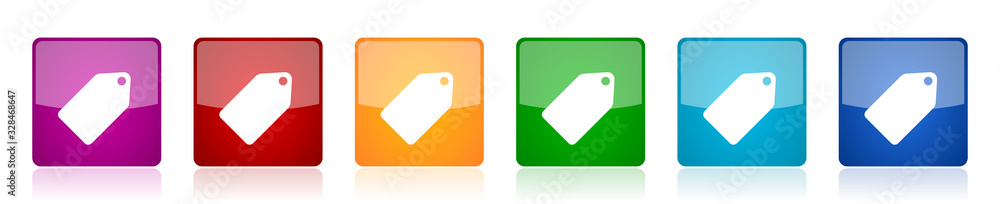 Aufkleber Label ticket icon set, colorful square glossy vector illustrations in 6 options for web design and mobile applications