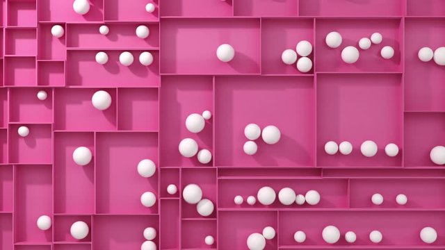 Abstract 3D boxes with white balls inside rolling. Animation render shapes. 4k backdrop footage. Top view.