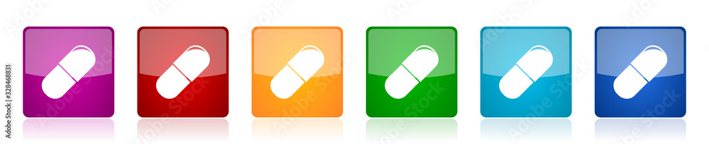Poster drugs icon set, colorful square glossy vector illustrations in 6 options for web design and mobile a