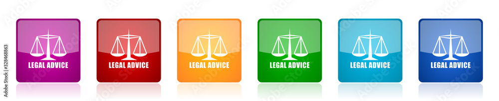 Poster legal advice icon set, colorful square glossy vector illustrations in 6 options for web design and m