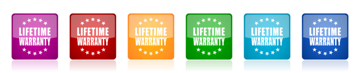 Lifetime warranty icon set, colorful square glossy vector illustrations in 6 options for web design and mobile applications
