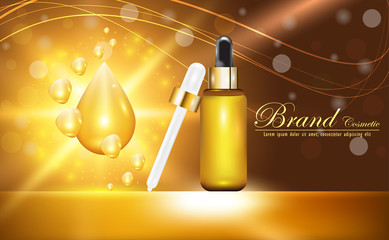 Hyaluronic acid skin solutions ad,  Gold collagen serum drop with cosmetic advertising background ready to use, vector illustration