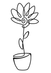 One line art. Black and white drawing, flower blooming in a pot, romantic picture. Abstraction