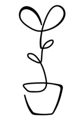 One line art. Black and white drawing, flower blooming in a pot, romantic picture. Abstraction