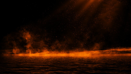 Mystery coastal orange fog . Smoke on the shore . Reflection in water. Texture overlays background. Stock illustration. Design element.