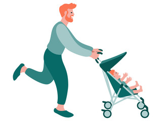 Vector illustration of a caucasian man running with an infant stroller. A dad pushing an umbrella stroller with a child in it.