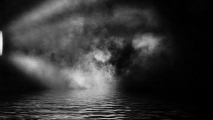 Projector spotlight with reflection in water. Paranormal fog isolated on black background. Stock illustration. Design element.