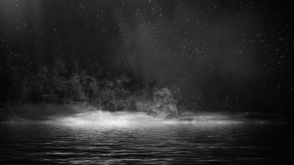 Mystery coastal fog . Smoke on the shore . Reflection in water. Texture overlays background. Stock illustration. Design element.