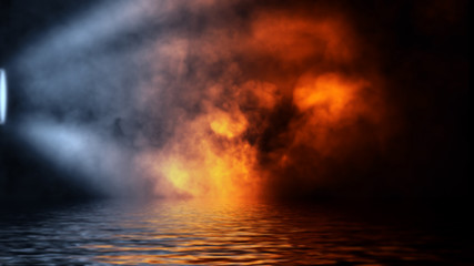 The confrontation of water vs fire. Mystical smoke with reflection on water the shore. Stock illustration background. Design element.