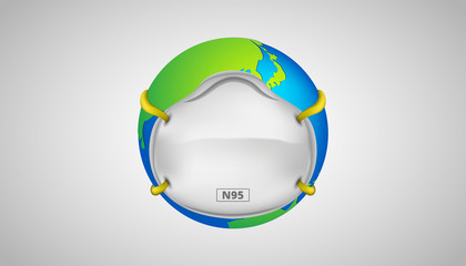 Globe with n95 face mask protection safety for coronaviruses. corona virus cell, wuhan virus disease. Perfect for banner, background. Realistic Vector