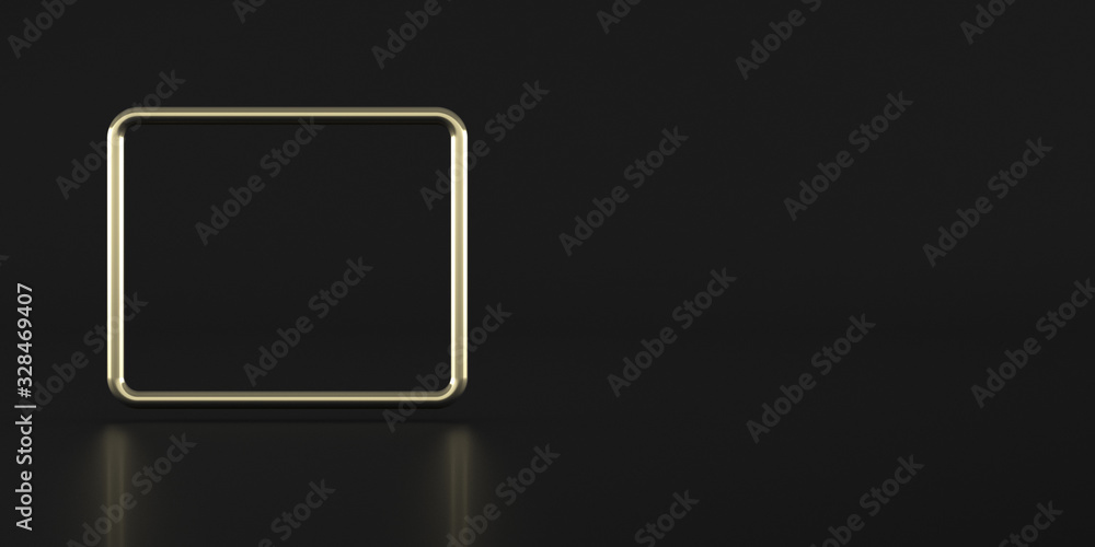 Poster abstract geometric shape,golden frame on dark background, minimal style,3d rendering