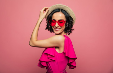 Females holidays. Beautiful trendy happy glamorous young woman in fashion wears and cool glasses in...