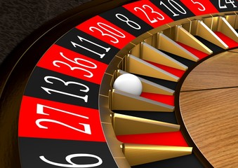 Casino roulette wheel on black background. Casino theme. Close-up white casino roulette with a ball on 36. 3d rendering illustration