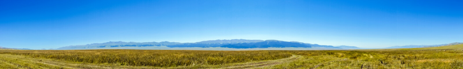 Beautiful panoramic green meadow landscape with mountains and blue sky background, great design for any purposes. Beautiful landscape, grass. Colorful spring landscape. Mountain green hill valley land
