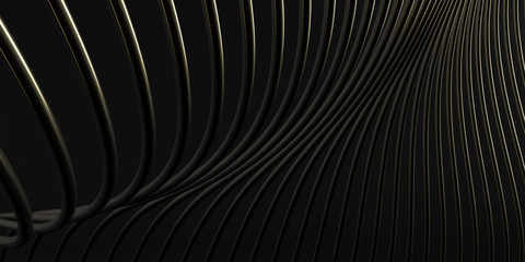 Abstract of black space, golden twisted shape, architecture details,Perspective of future building design. 3D rendering.