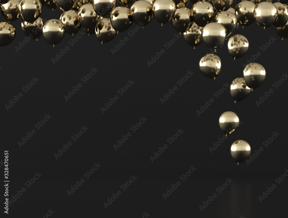 Poster golden of balloons floating out from the dark floor,minimal style,gift idea, 3d rendering.