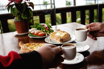 Morning and coffee. Tasty breakfast.