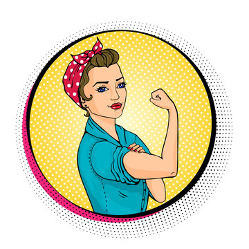 We Can Do It comic woman. Pop art sexy strong girl in a circle on white background. Classical american symbol of female power, women rights, feminism. Vector colorful illustration in retro style.
