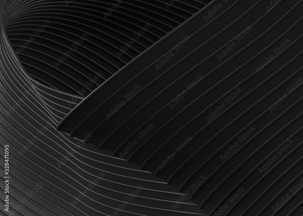 Poster abstract of black space, twisted shape, architecture details,perspective of future building design. 