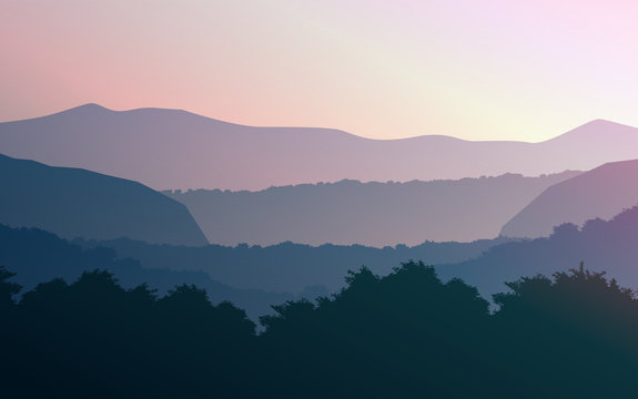 Natural forest mountains horizon hills silhouettes of trees. Evening Sunrise and sunset. Landscape wallpaper. Illustration vector style. Colorful view background. © Chakkree