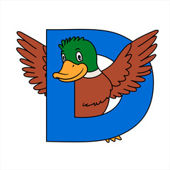 Animal alphabet. Capital letter D, Duck. Raster illustration. For pre school education, kindergarten and foreign language learning for kids and children. For print and books, zoo topic.